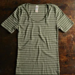 Womens Merino Wool & Silk SS Top - Olive Stripe