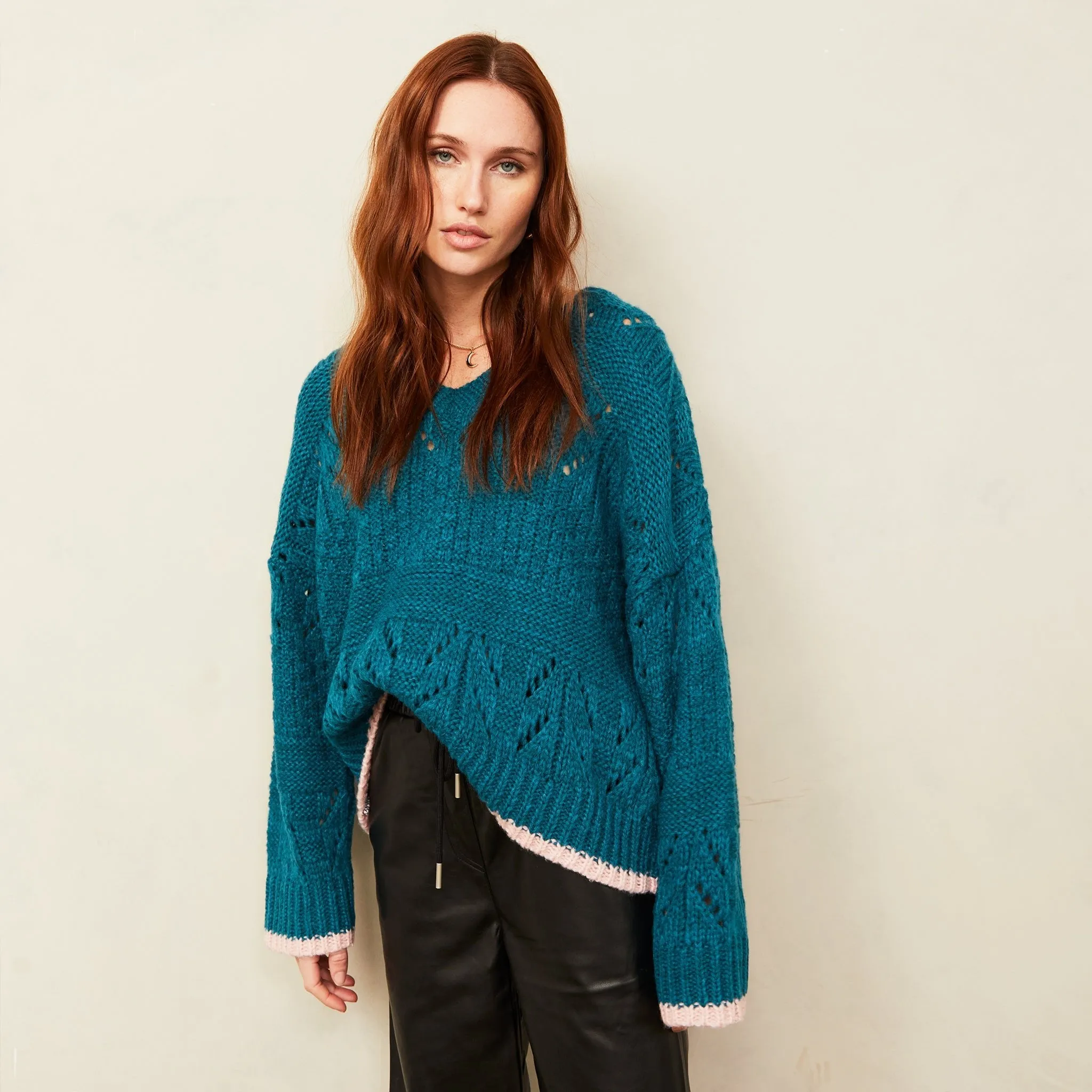 Zoe Pointelle V Neck Wide Sleeve Jumper - Teal